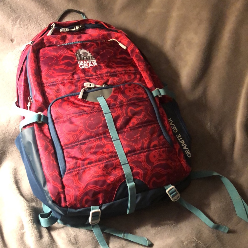 Red Granite Gear BACKPACK, 19” long, 12” wide, and 5” deep (~2” cinched)